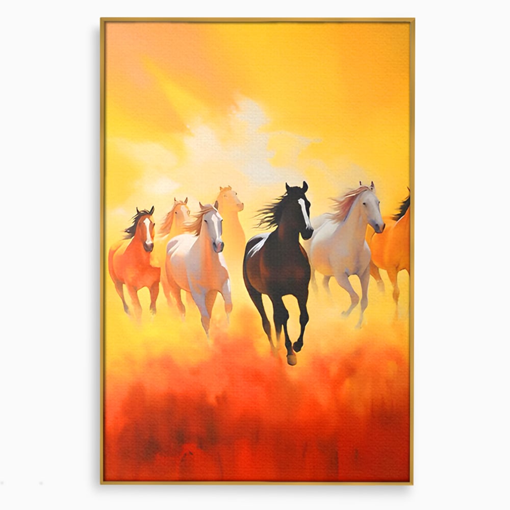 Tablou canvas cu pictura cu cai in galop, in rama de aluminiu auriu